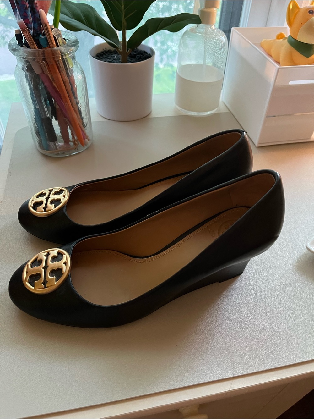 Tory Burch Black Logo Wedge Heels